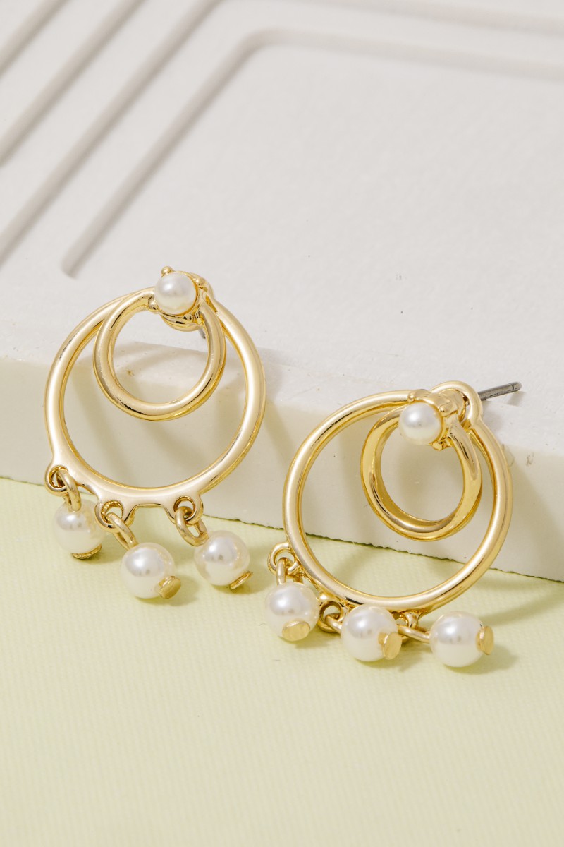 Pearl Bead Fringe Layered Hoop Stud Earrings