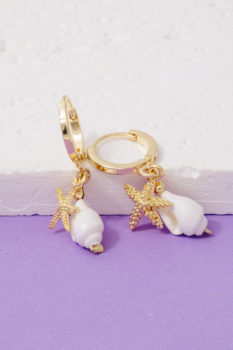 Starfish And Conch Shell Charms Hoop Earrings