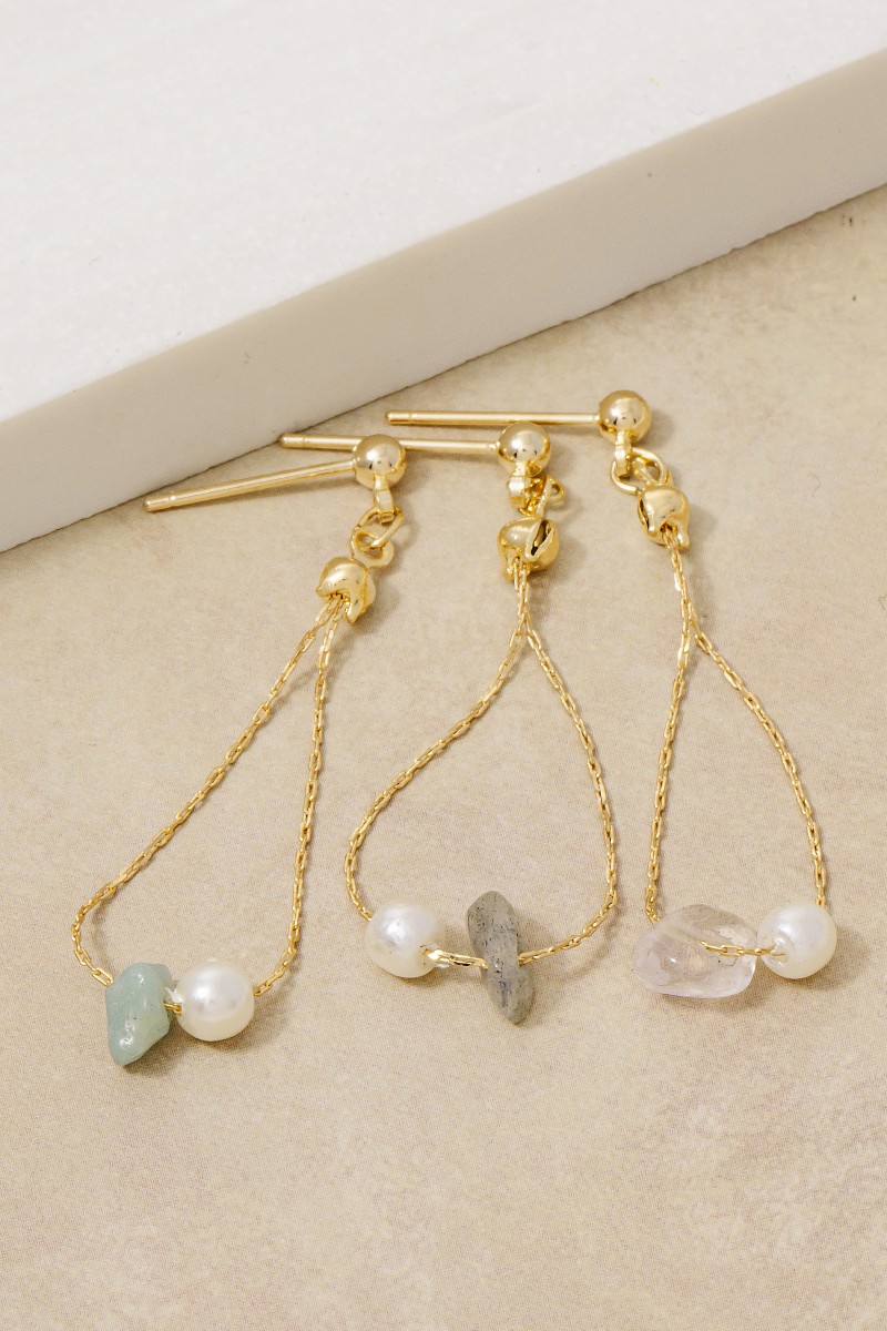 Chip Stone And Pearl Beads Chain Dangle Earrings