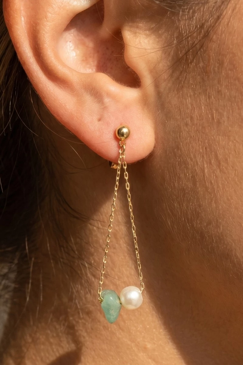 Chip Stone And Pearl Beads Chain Dangle Earrings
