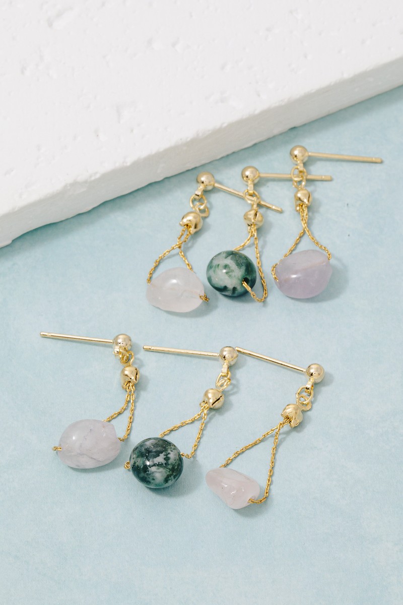 Polished Stone Bead Chain Dangle Earrings