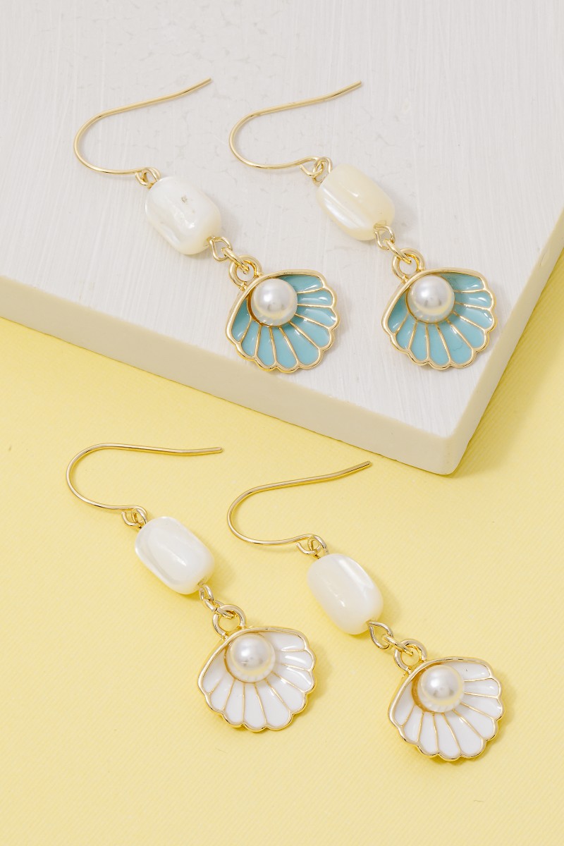 Enamel Seashell Pearl Drop Earrings