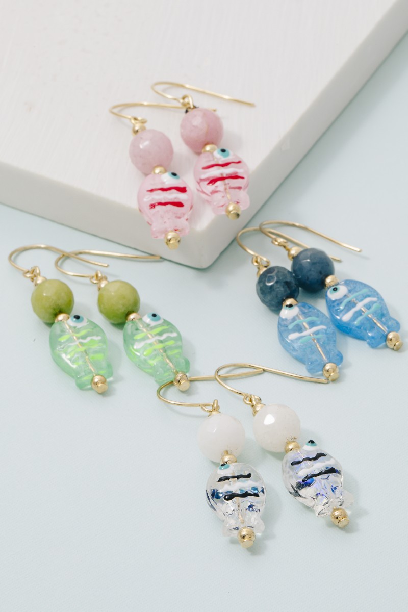 Gemstone Glass Bead Fish Drop Earrings