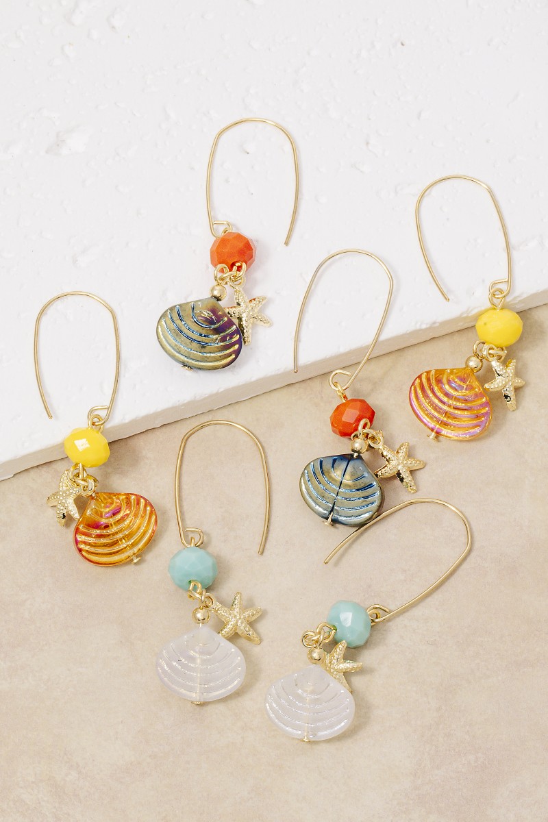 Faceted Bead Star Fish And Clam Shell Dangle Earrings