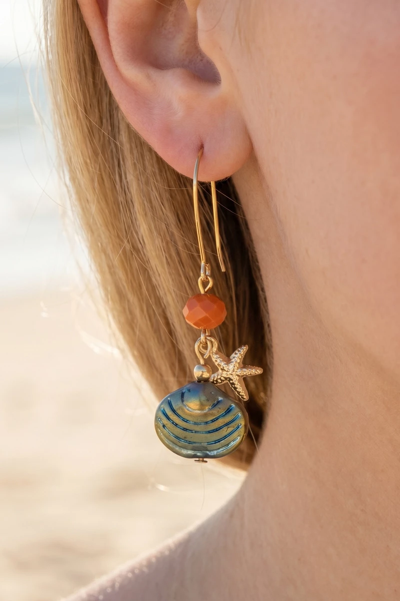 Beaded Starfish Shell Disc Drop Earrings