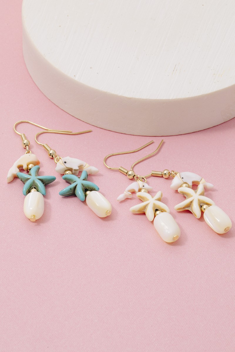 Tiered Gemstone Dolphin Starfish Drop Earrings