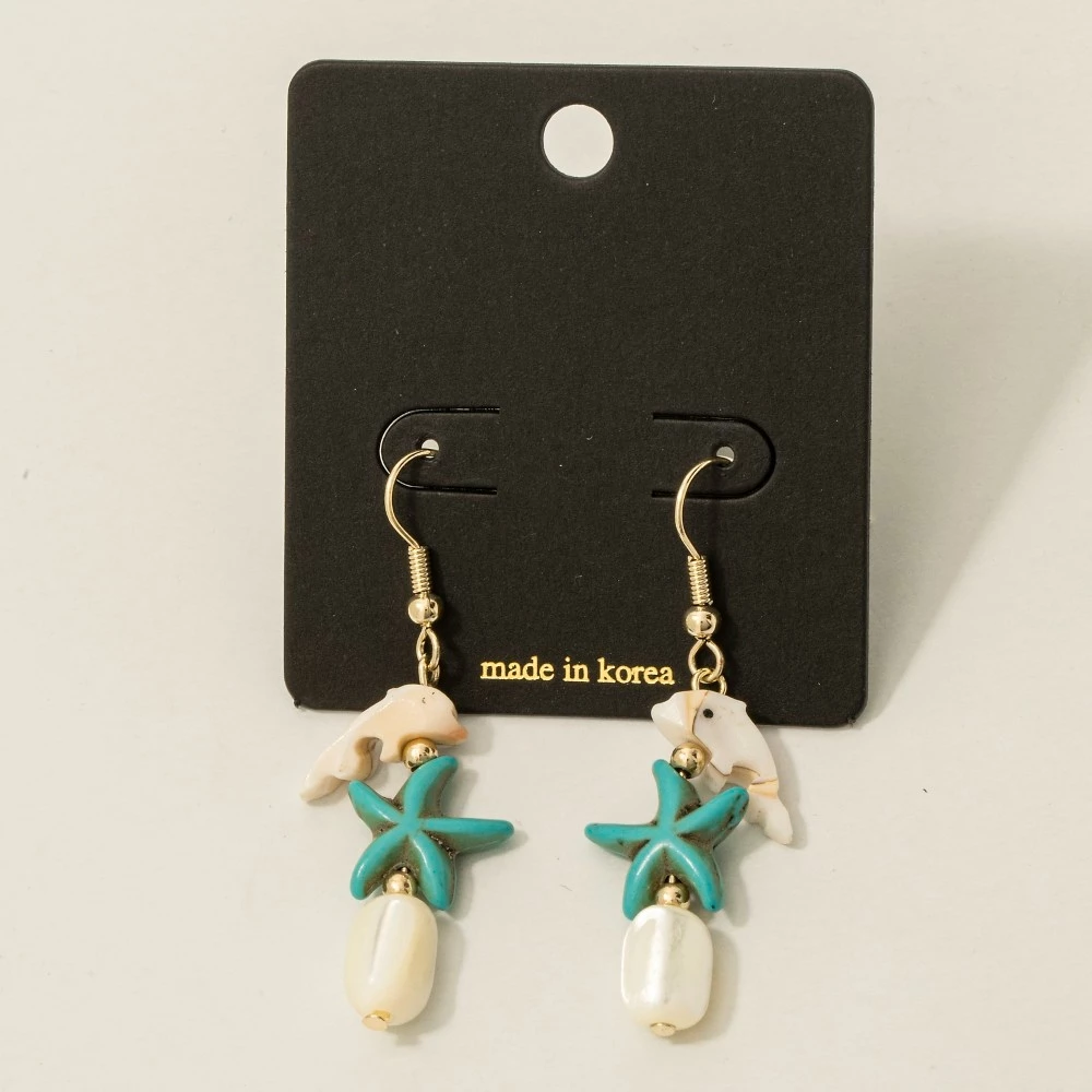 Tiered Gemstone Dolphin Starfish Drop Earrings