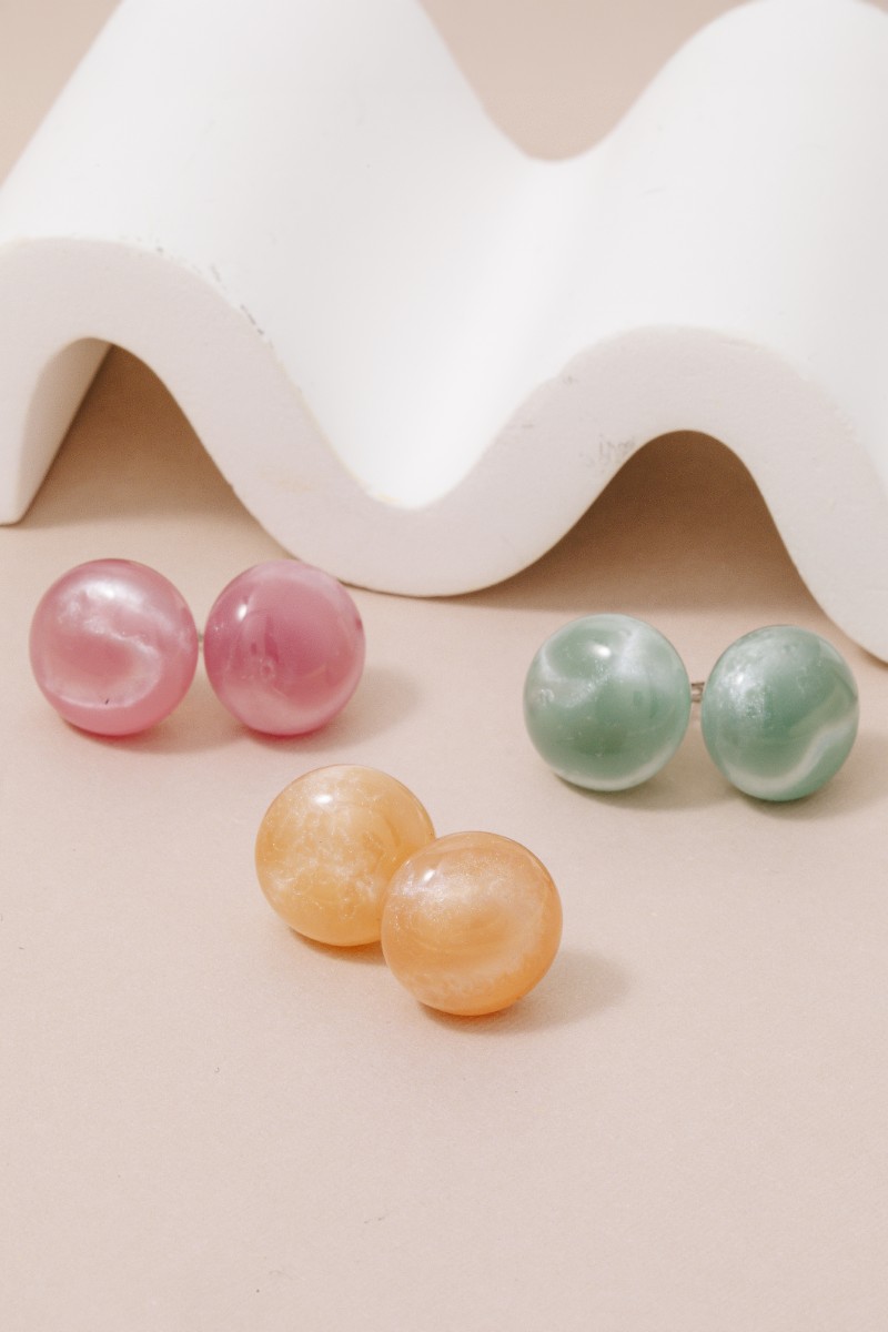 3 Pair Flattened Acrylic Ball Stud Earrings