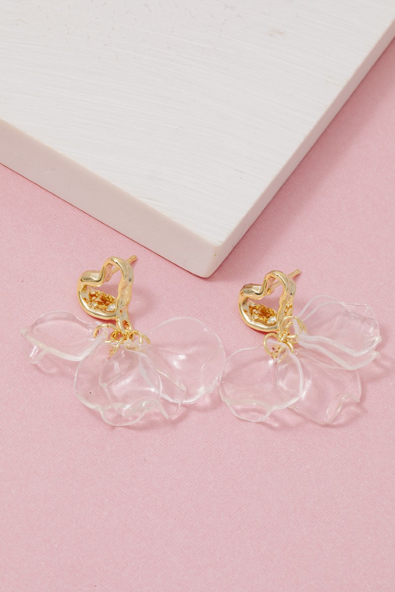 Warped Heart And Clear Petals Dangle Earrings