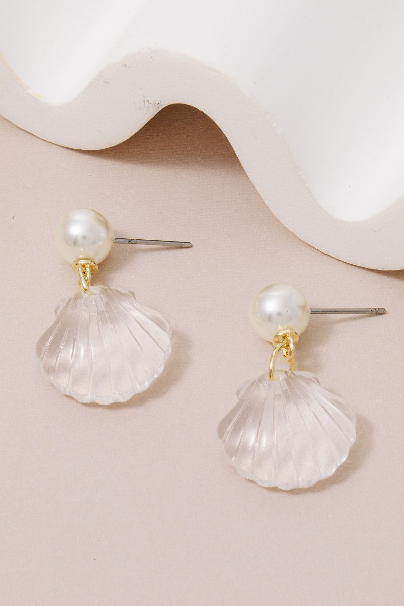 Pearl And Clear Clam Shell Dangle Earrings