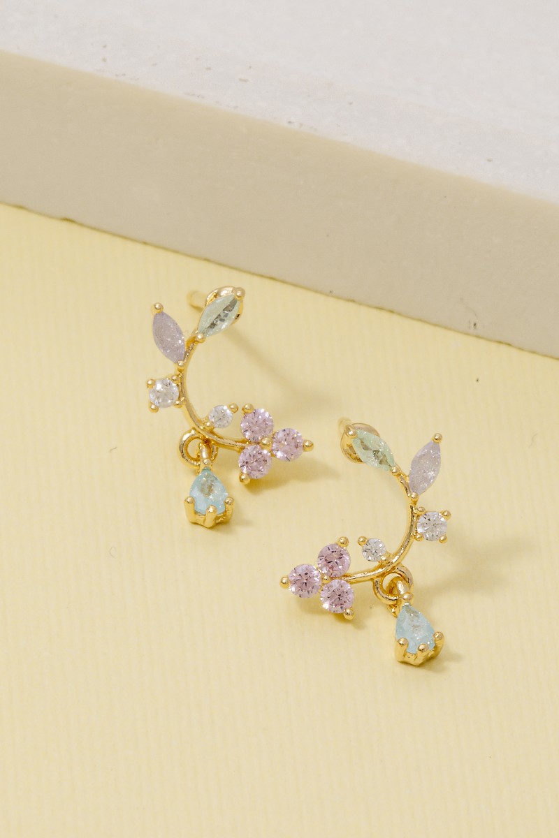 Gold Dipped Leaf And Flower Cz Earrings