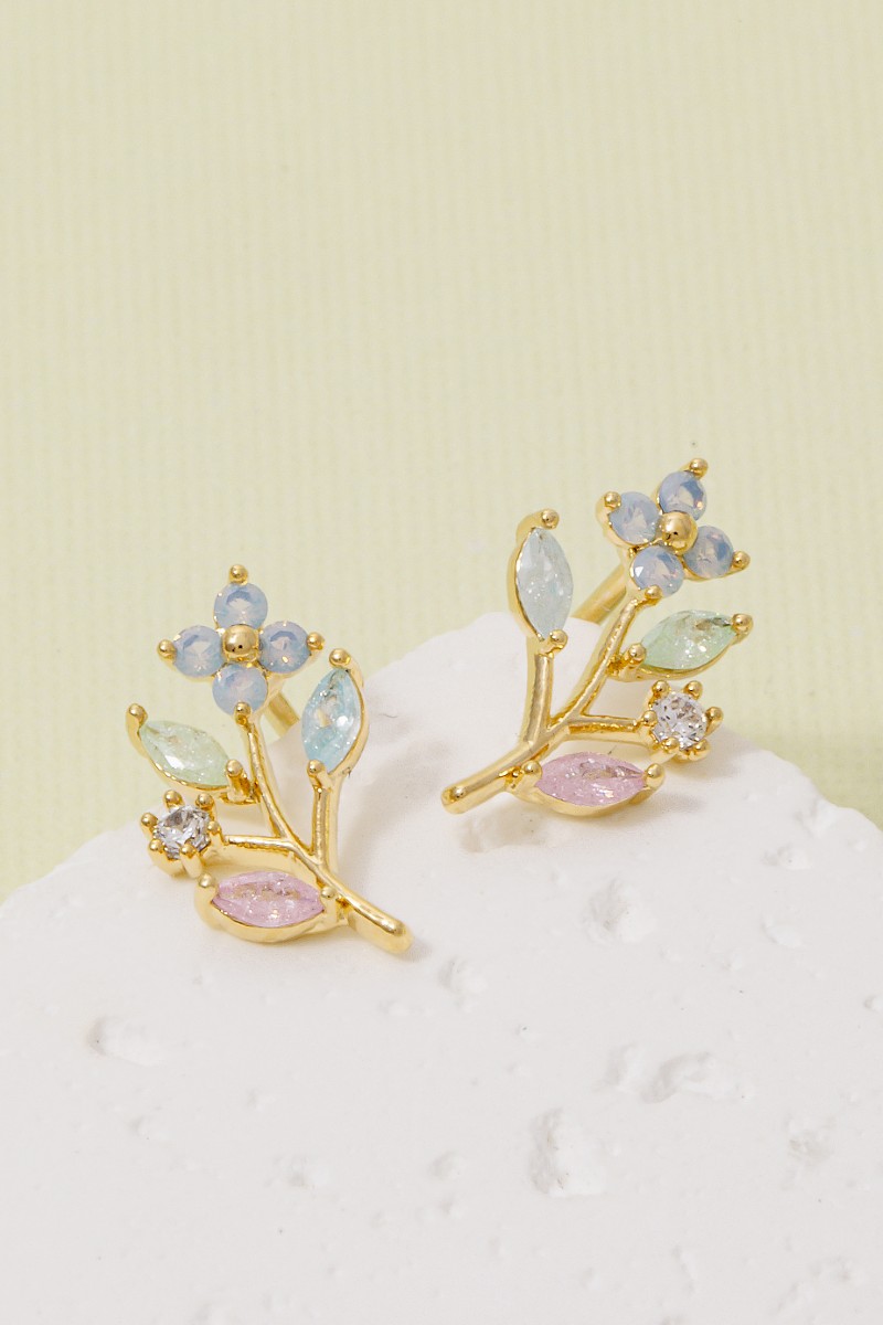 Gold Dipped Flower Leaf Cz Earrings