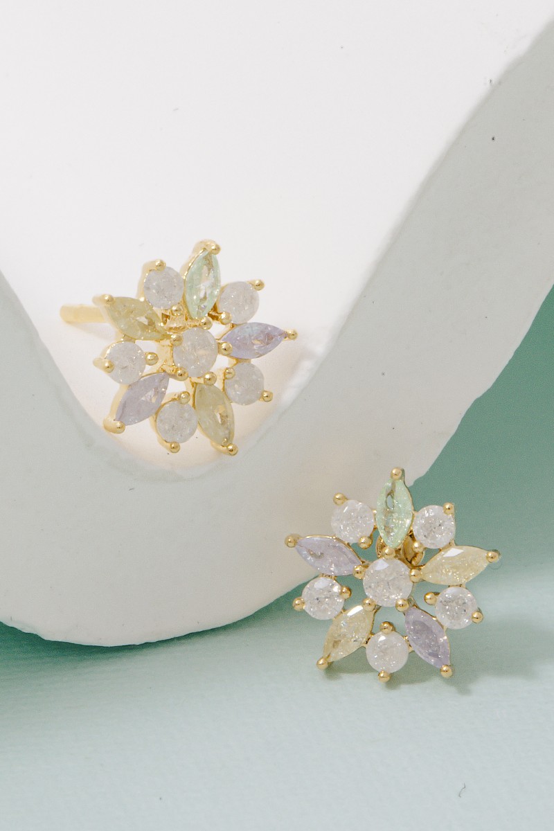 Gold Dipped Cz Flower Stud Earrings