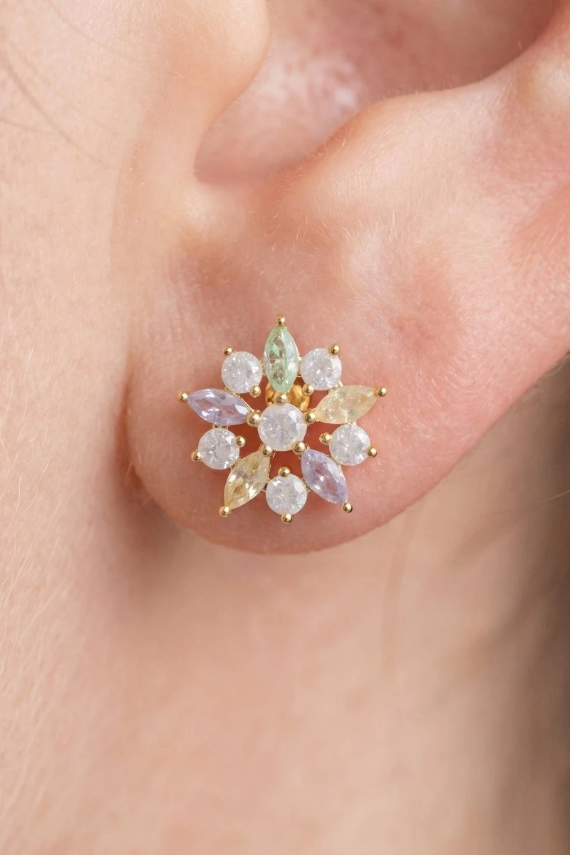 Gold Dipped Cz Flower Stud Earrings