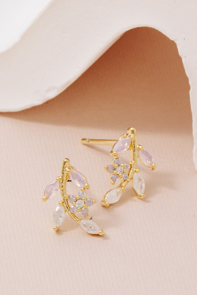 Gold Dipped Cz Leaf Drop Earrings