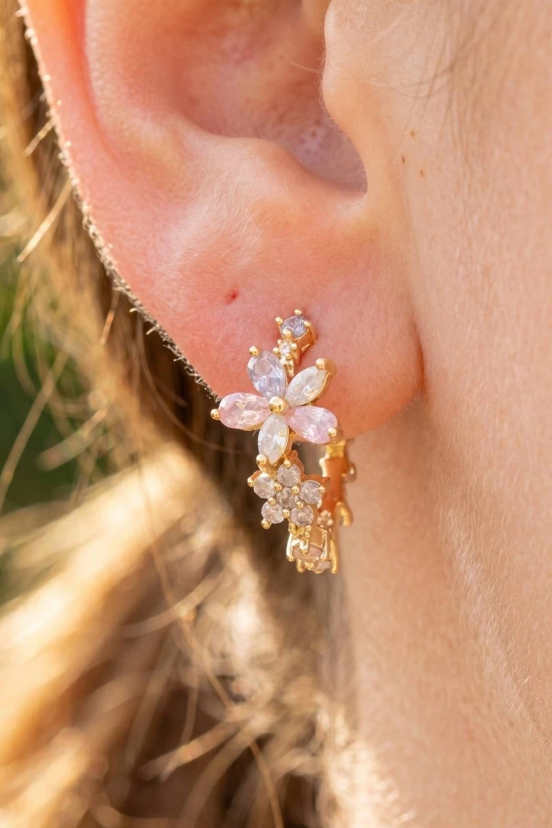 Gold Dipped Cz Multi Flower Dangle Earrings
