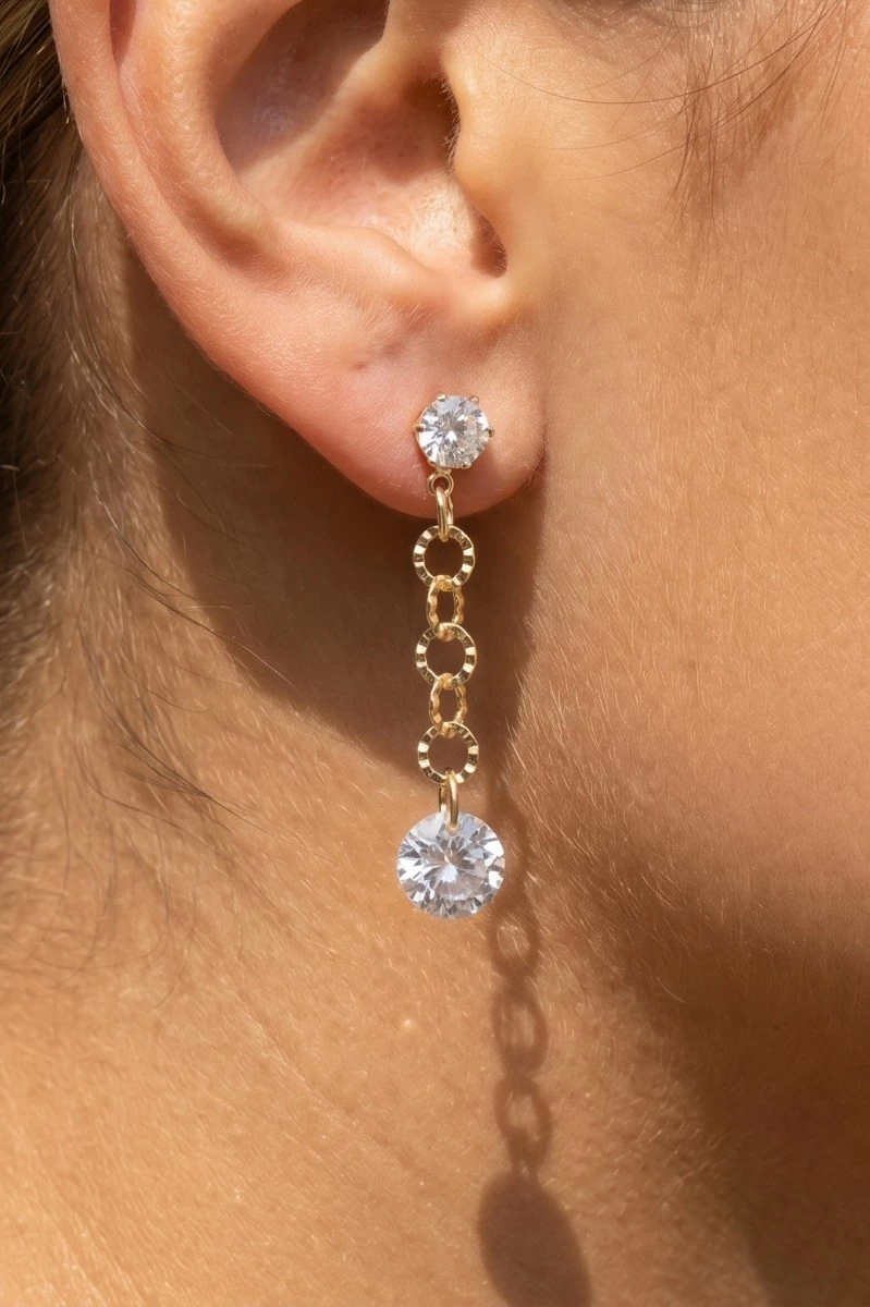 Double Round Cz Gem Chain Dangle Earrings