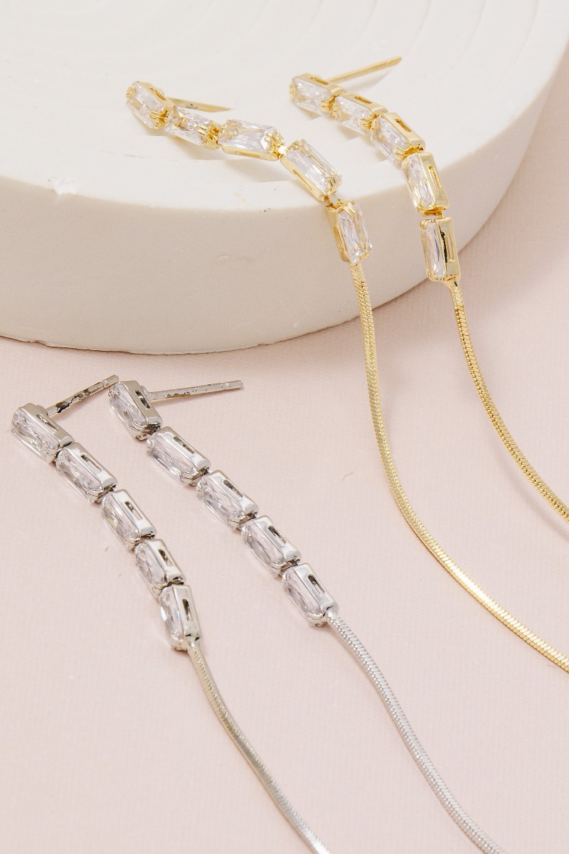Cz Baguette And Dainty Box Chain Long Dangle Earrings