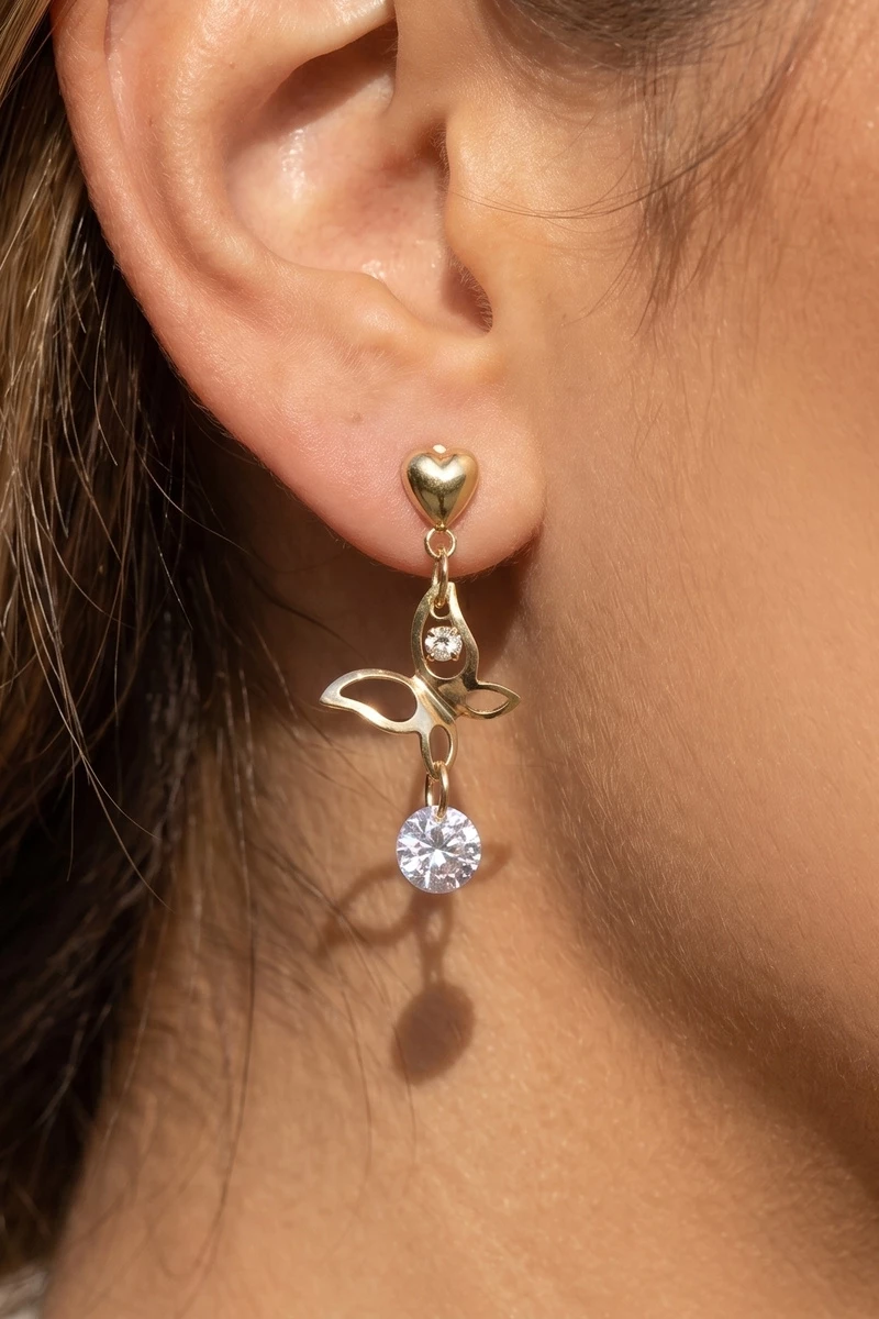 Heart And Butterfly Cz Drop Earrings