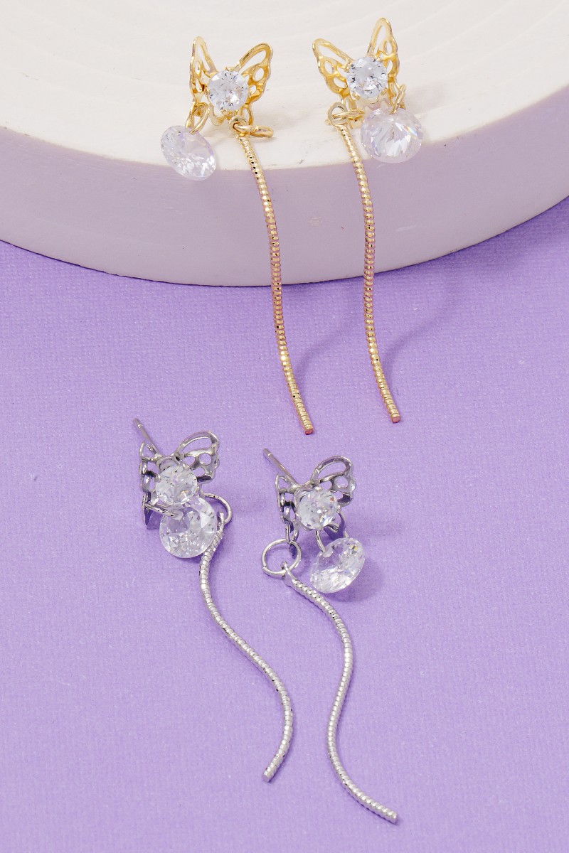 Cz Butterfly Stud Chain Dangle Earrings