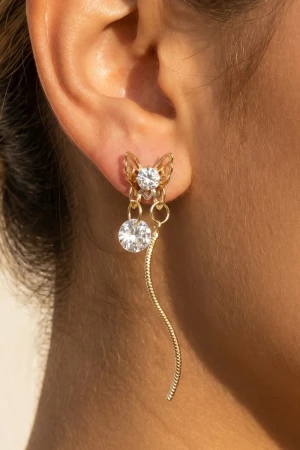 Cz Butterfly Stud Chain Dangle Earrings