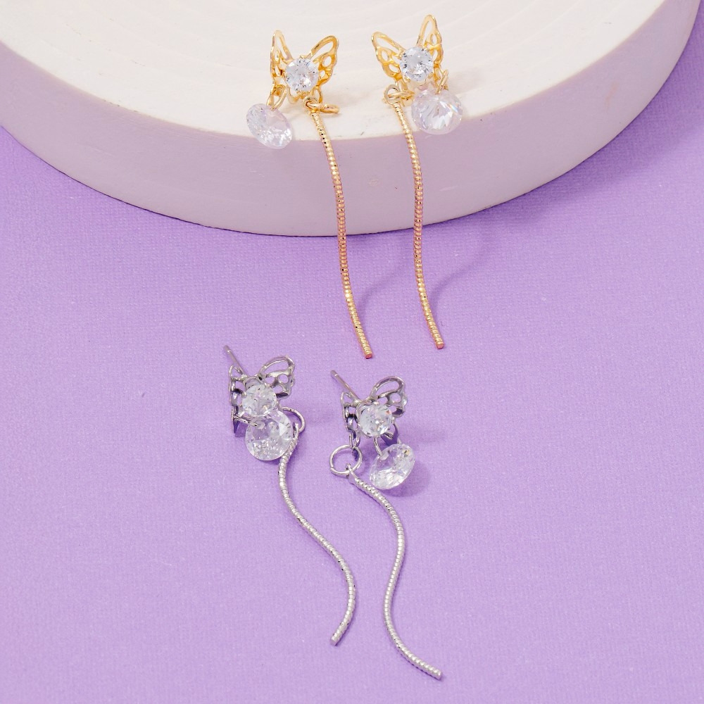 Cz Butterfly Stud Chain Dangle Earrings