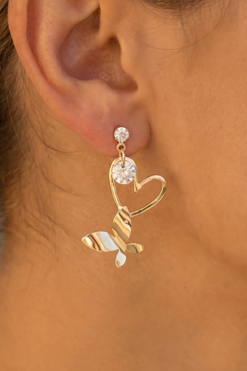 Cz Heart Cutout Butterfly Drop Earrings