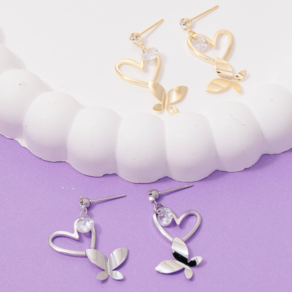 Cz Heart Cutout Butterfly Drop Earrings
