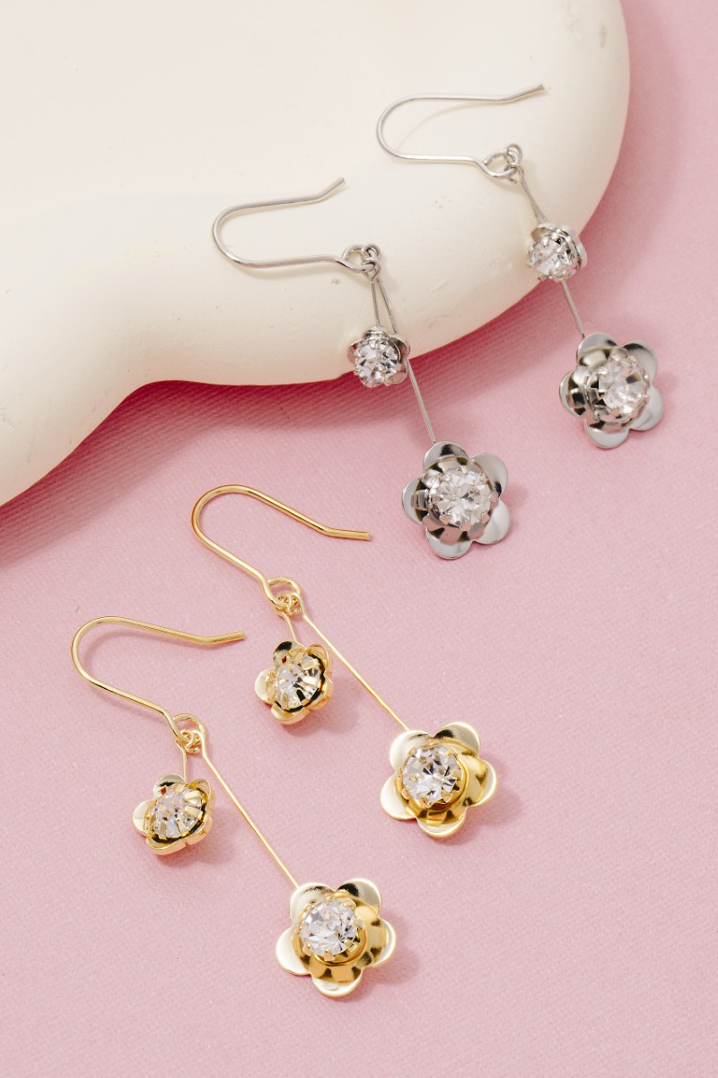 Cz Double Flower Drop Earrings