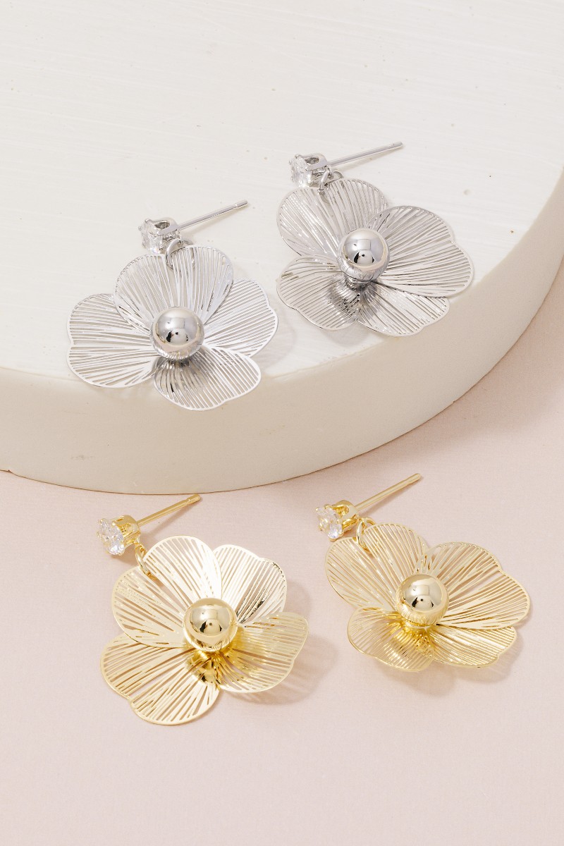 Cz Stud Golden Flower Drop Earrings