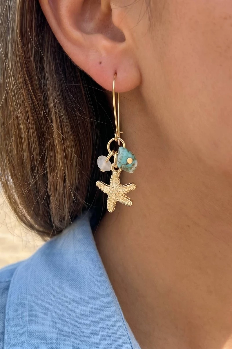 Sea Life Starfish Stone Drop Hoop Earrings