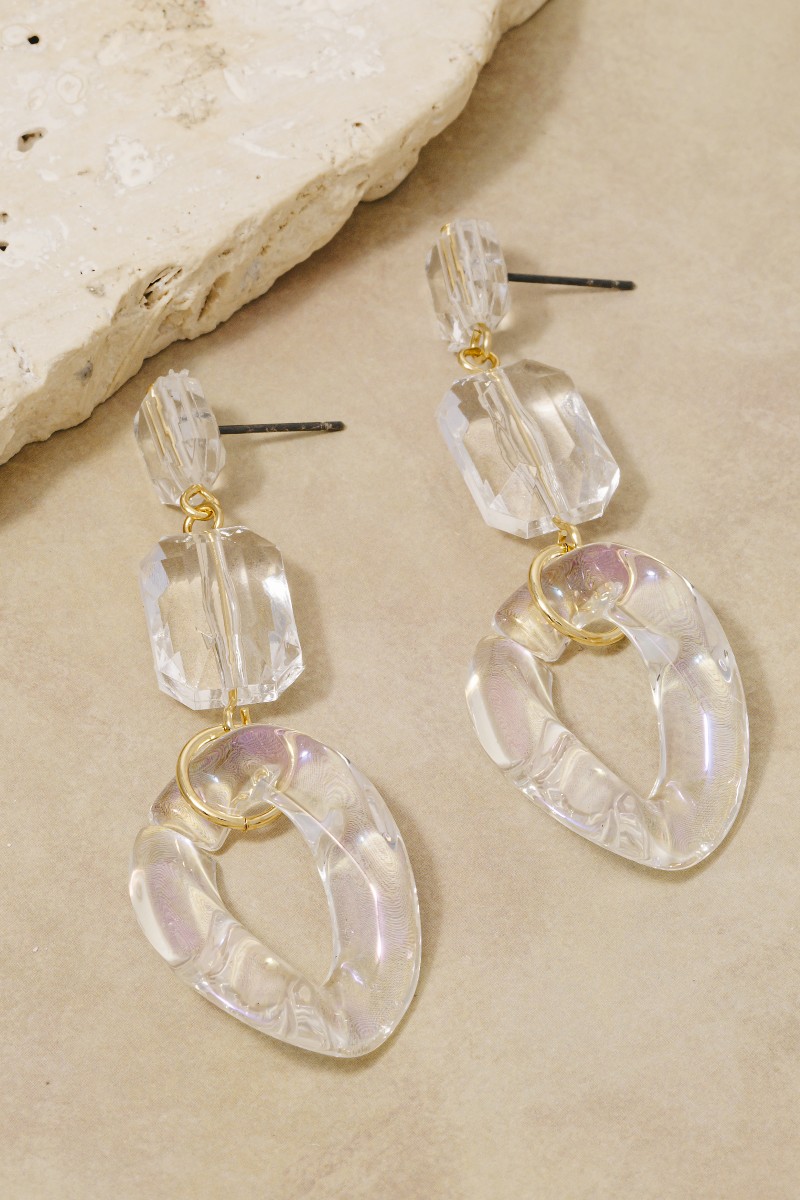 Clear Iridescent Link And Faceted Beads Dangle Earrings