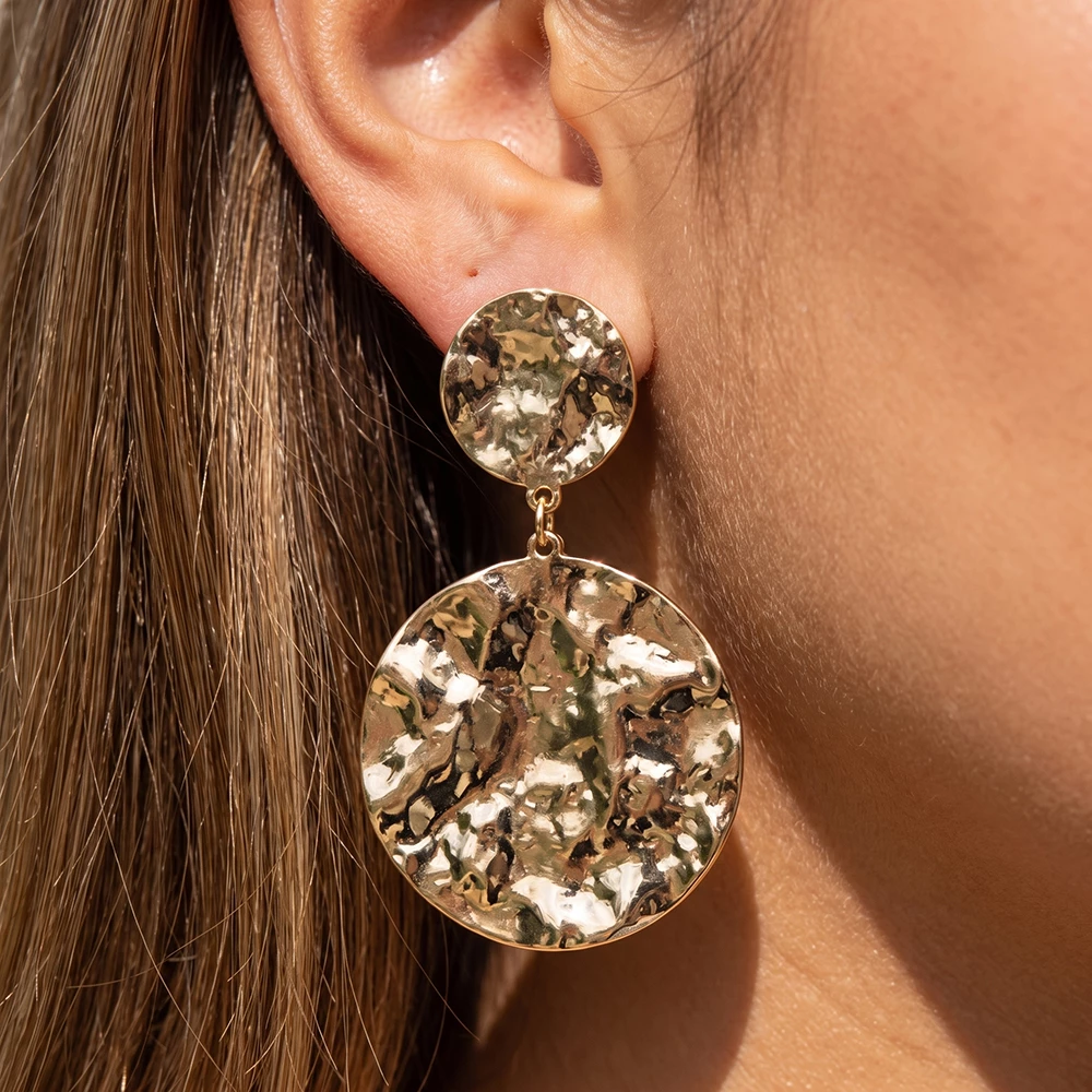 Hammered Textured Double Disc Post Drop Earrings