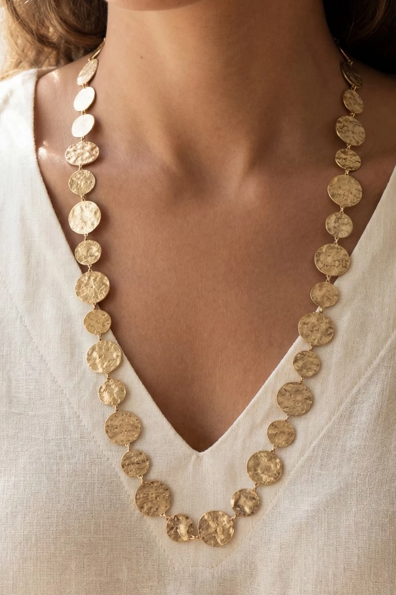 Hammered Gold Disc Chain Necklace