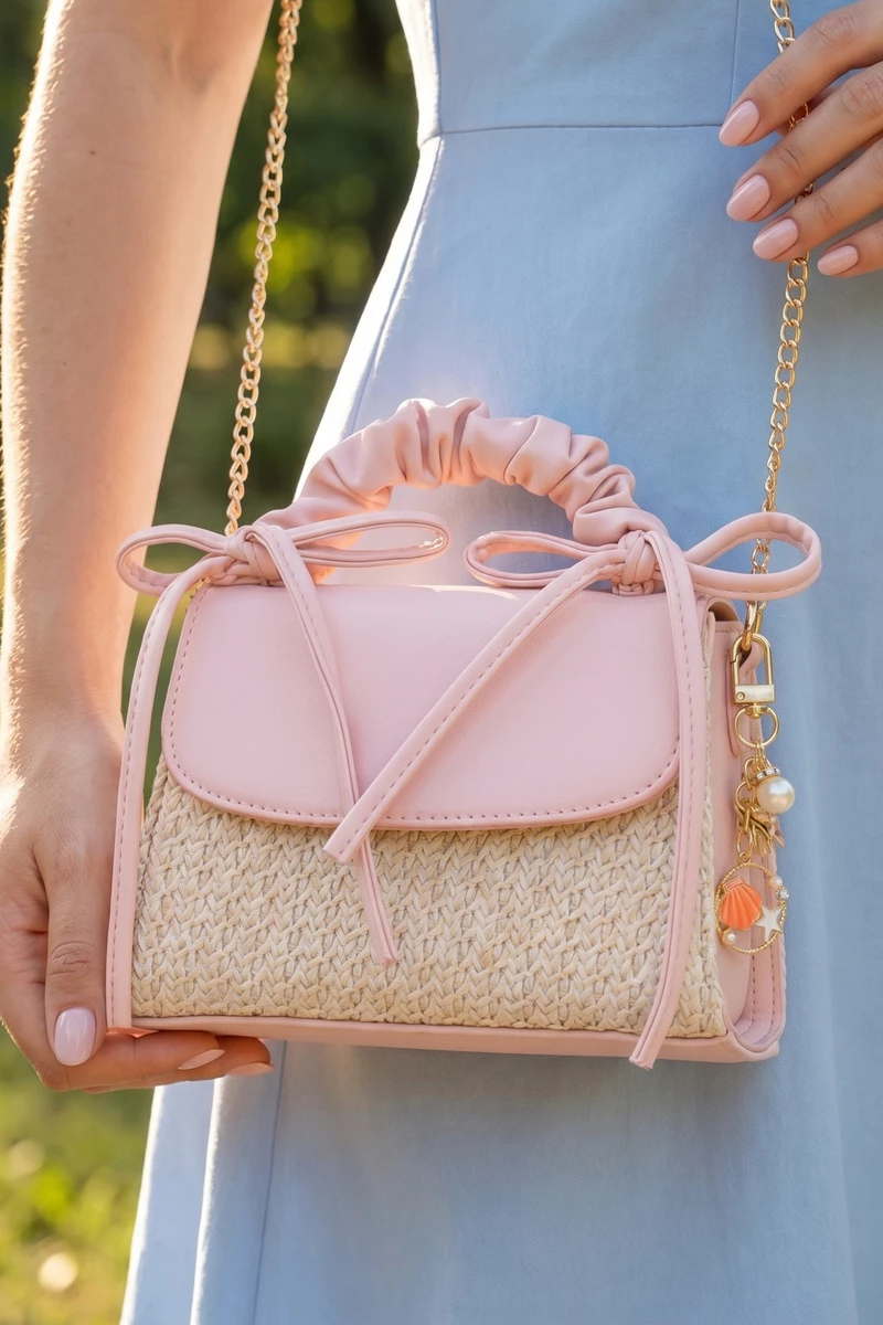 Ruched Bow Handle Straw Mini Bag With Shell Charm