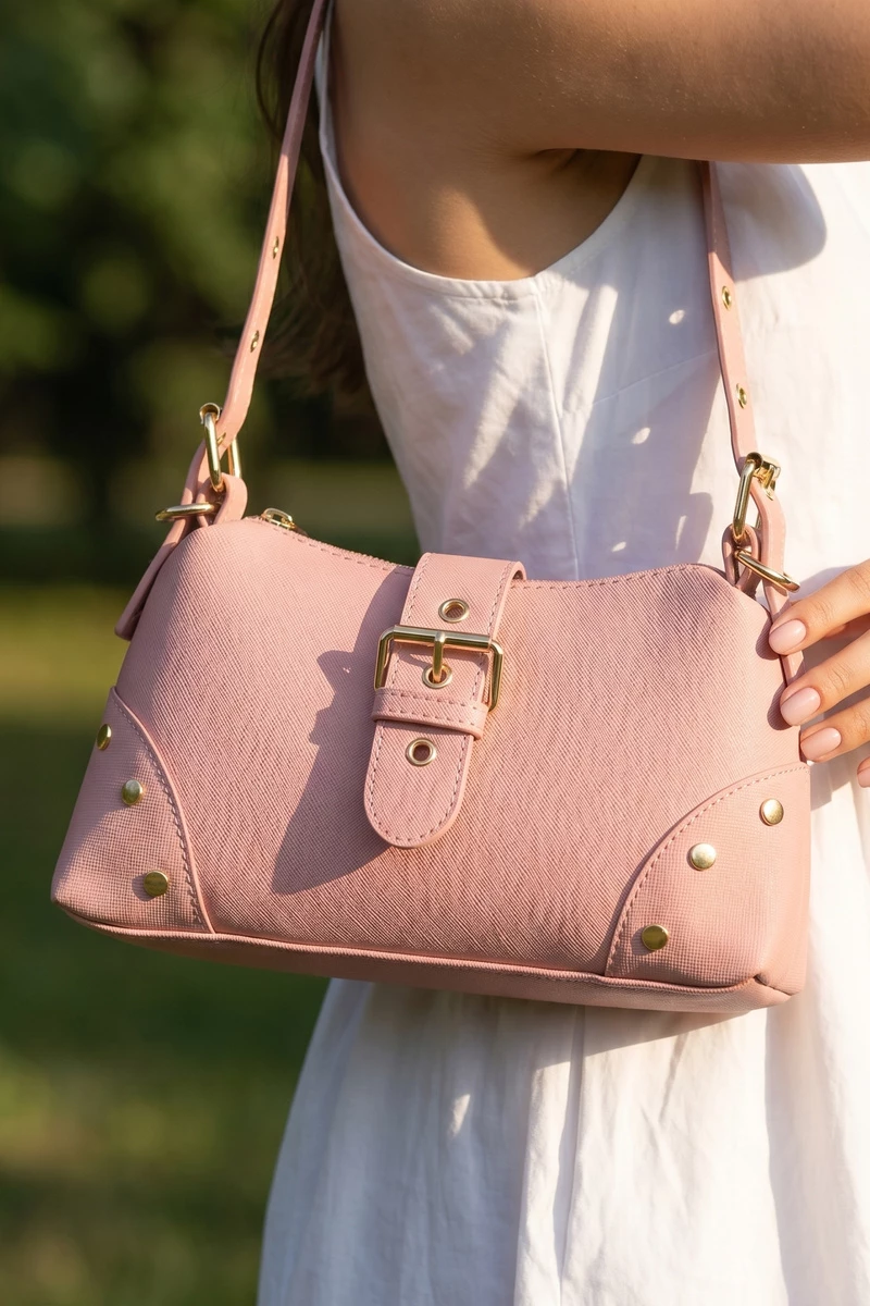 Studded Saffiano Buckle Strap Shoulder Bag
