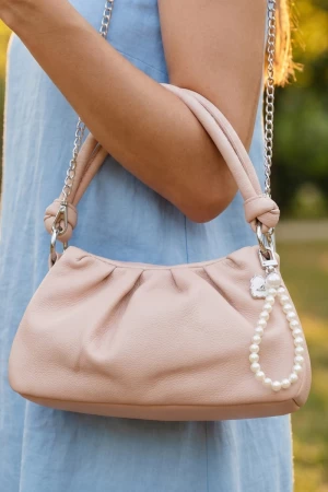 Pleated Vegan Leather Mini Bag With Pearl Charm