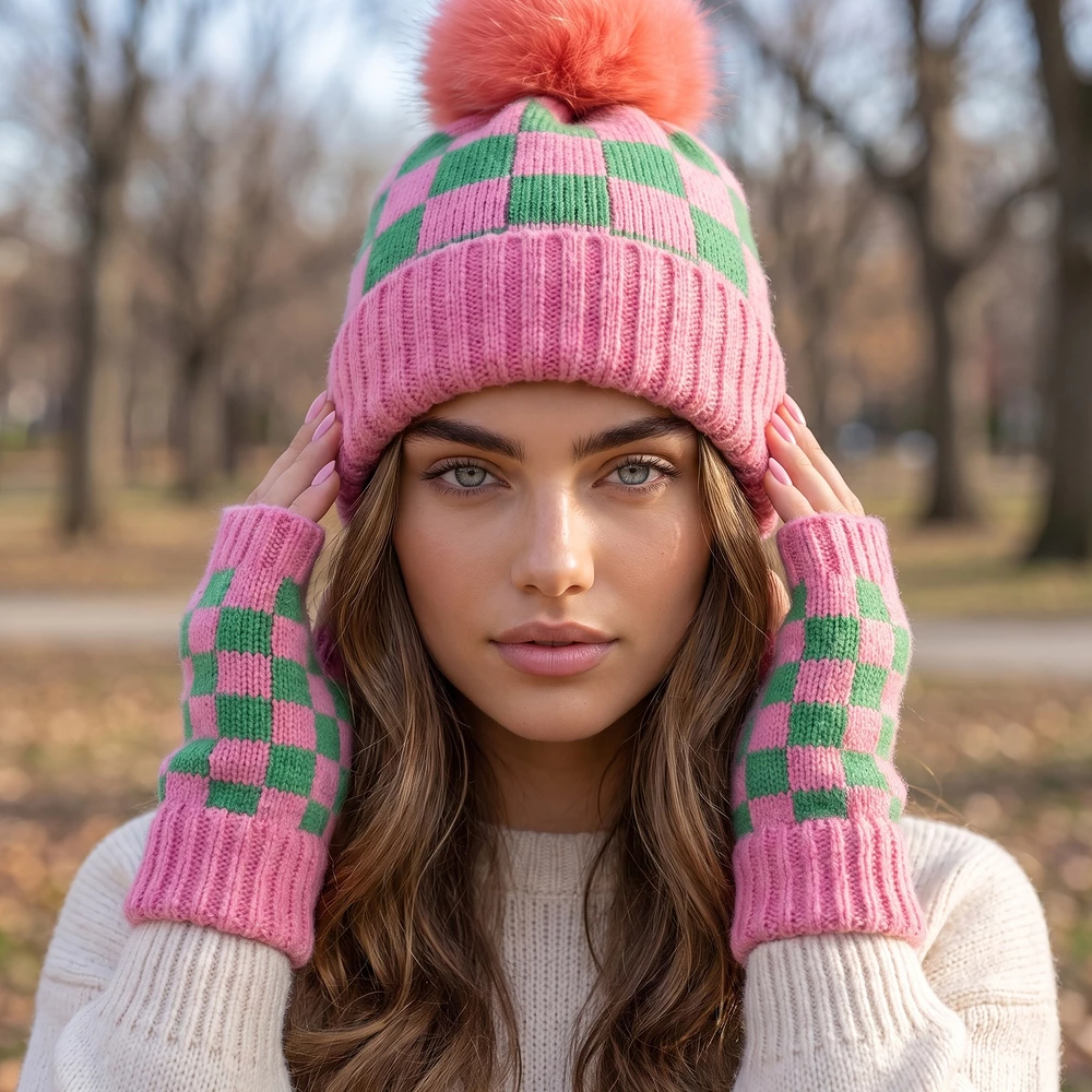 Checkerboard Knit Pom Beanie And Gloves Set