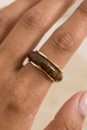 Metallic Lined Warped Shape Amber Acrylic Band Ring