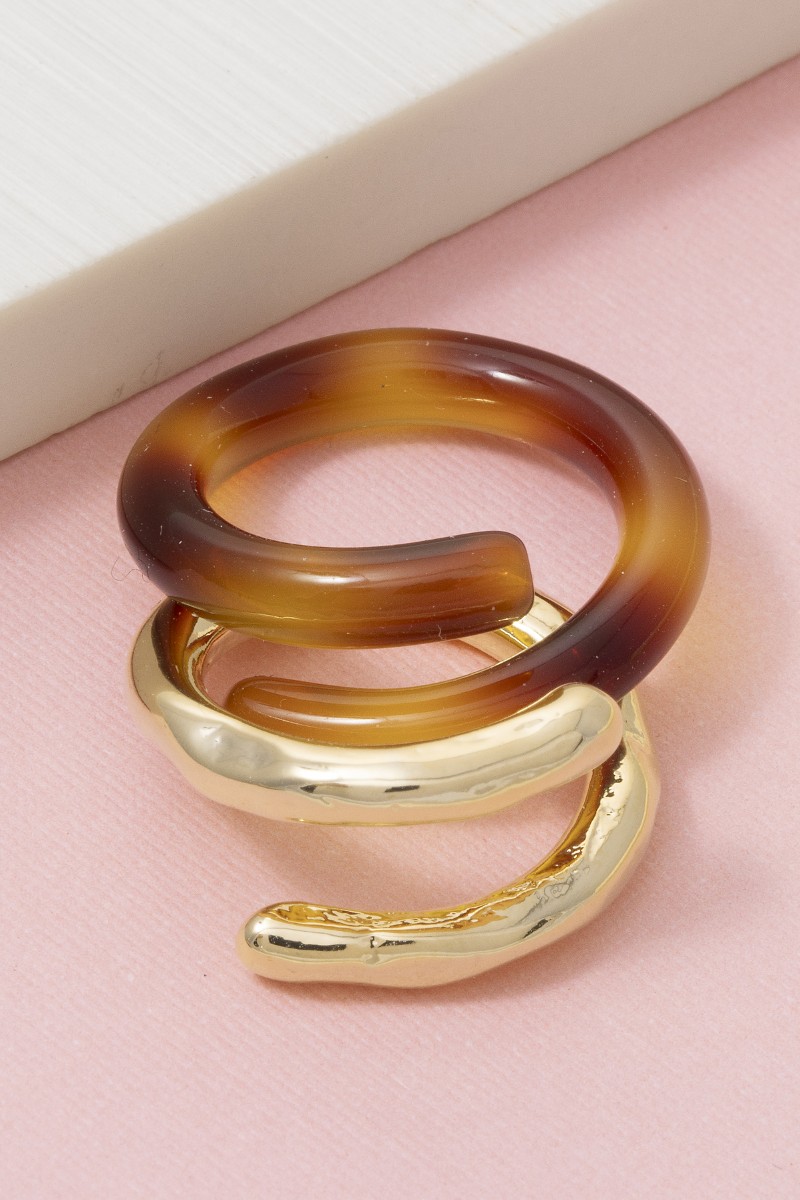 Tortoise Shell And Metallic 2Pc Layered Band Ring Set