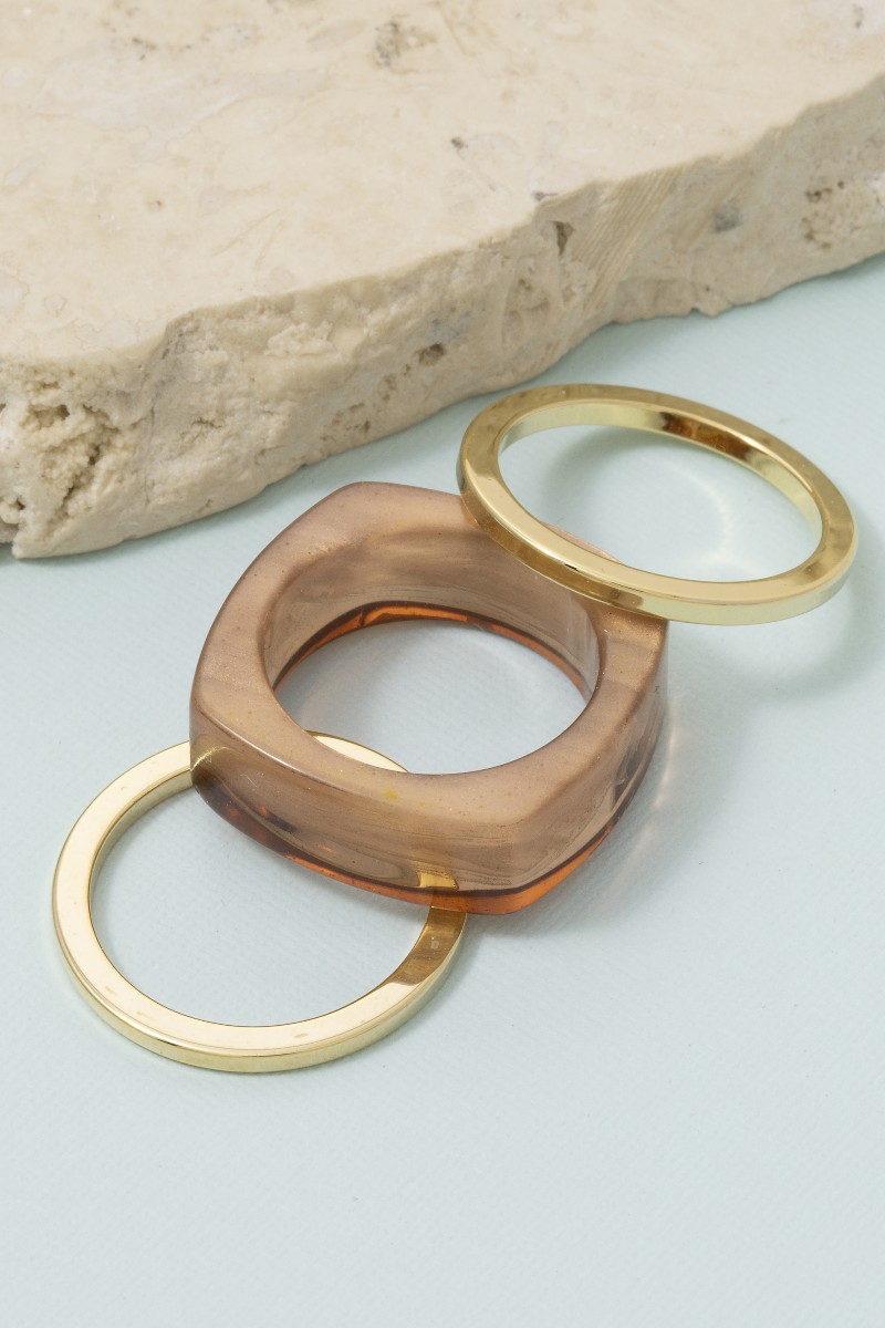 Square Acrylic And Metallic Layered Band Rings Set