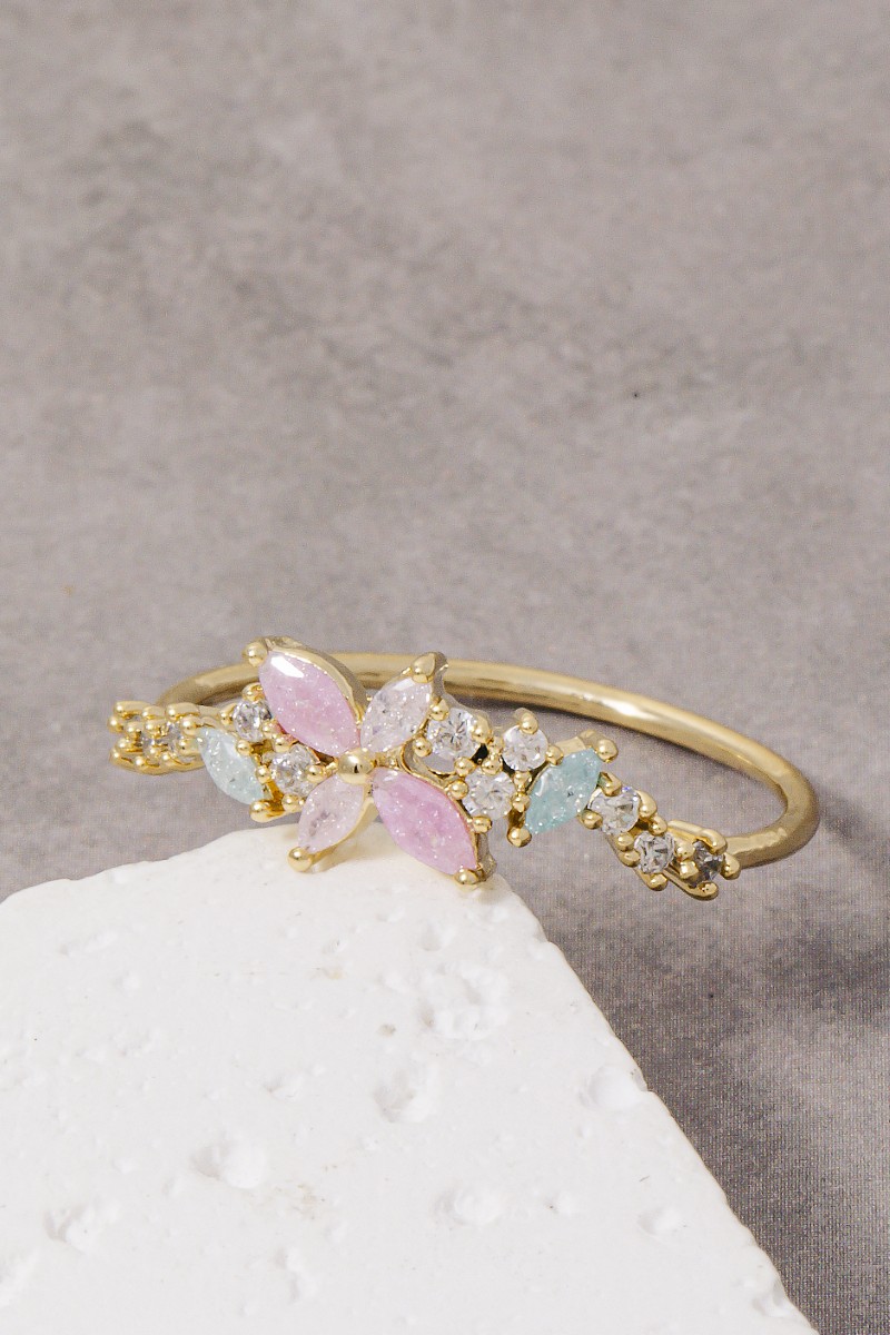 Gold Dipped Colorful Cz Flower Ring