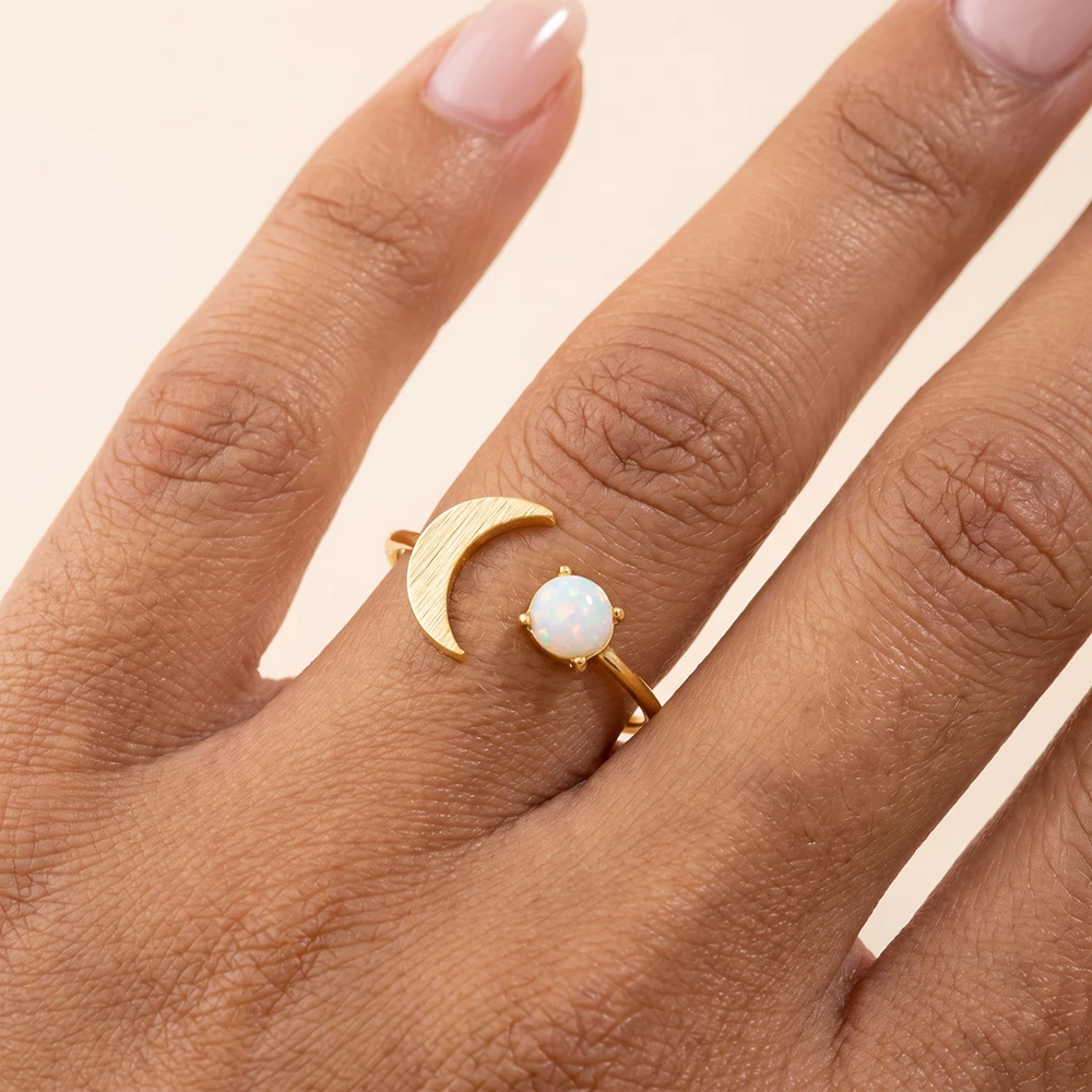 Brushed Crescent Moon Opal Open Ring