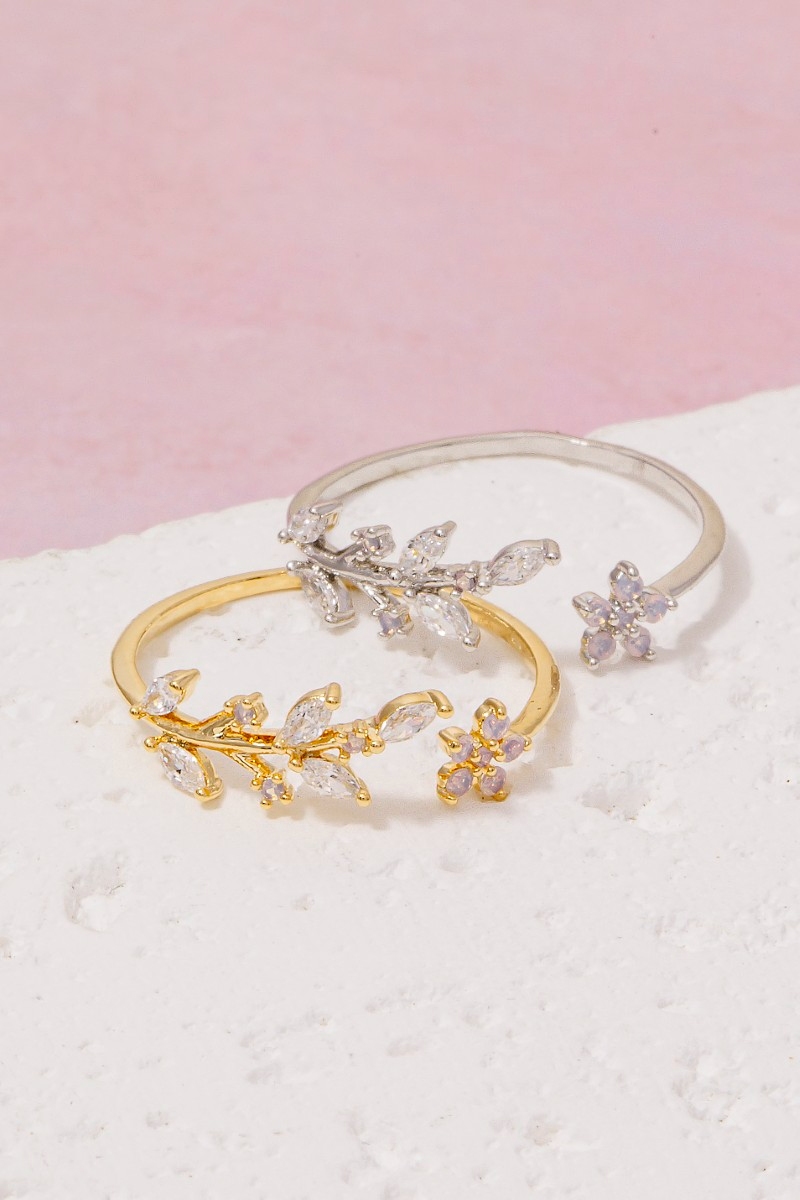 Gold Dipped Dainty Rhinestone Leaf Flower Open Ring