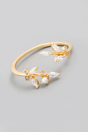 Gold Dipped Dainty Opal Rhinestone Leaf Open Ring