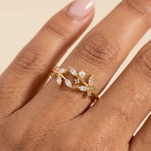 Cz Marquise Leaf Vine Pearl Open Ring