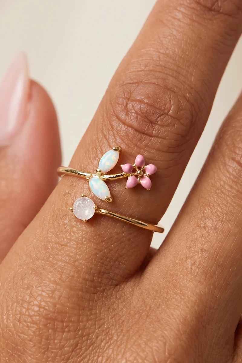 Enamel Flower Opal Branch Open Cuff Ring