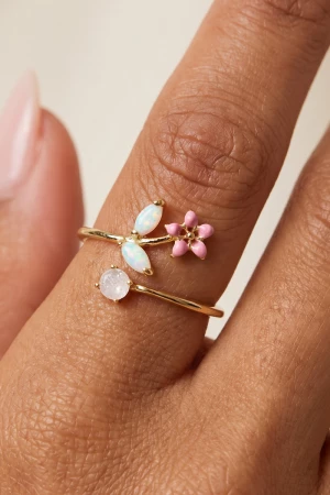 Enamel Flower Opal Branch Open Cuff Ring