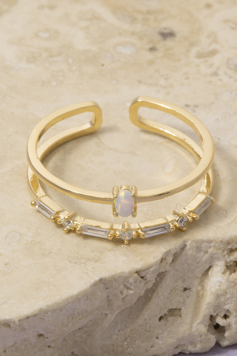Opal Baguette Cz Double Band Open Ring
