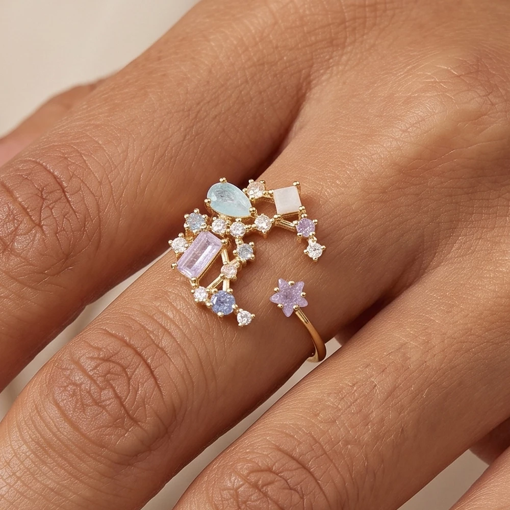 Gold Dipped Moon And Star Stone Cluster Ring
